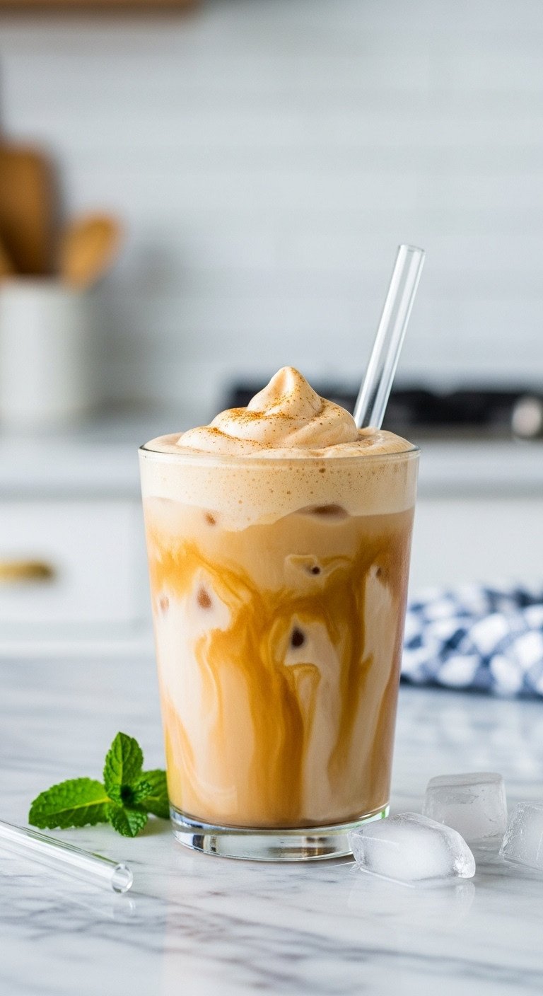 Pumpkin Cream Cold Brew with airy pumpkin foam, ice, spice in clear glass. Low calorie Starbucks fall coffee on marble counter.