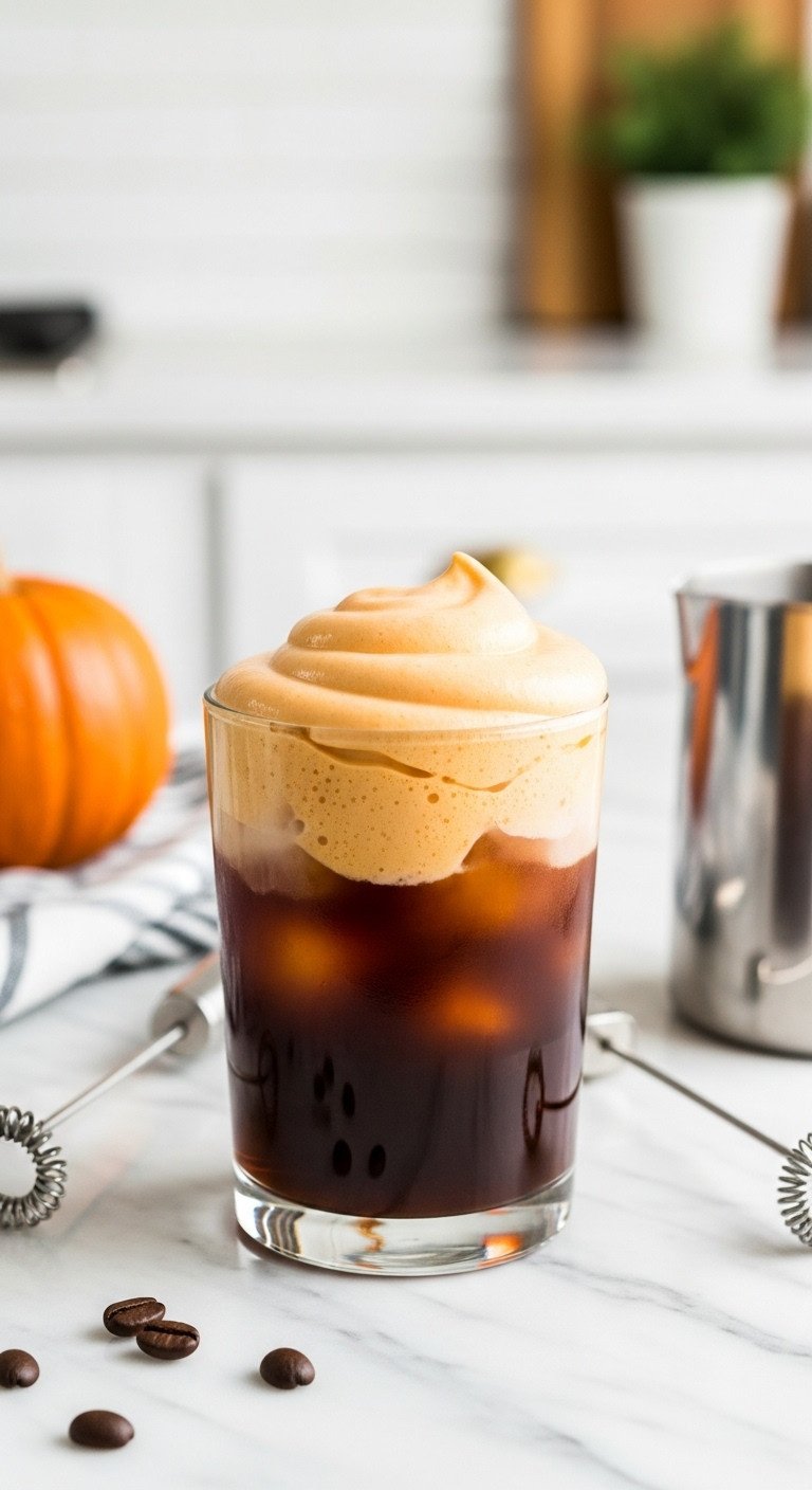 7 Easy Iced Coffee Recipe Pumpkin Spice Copycats to Try Now 3 Pumpkin Cream Cold Foam Iced Coffee in a clear glass with cold brew and pumpkin cream cold foam on a marble countertop with frother and coffee beans