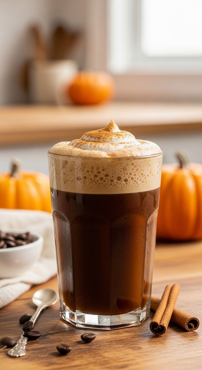 Pumpkin Crunch Cold Brew with cinnamon foam and pumpkin pie spice on a rustic wooden table with scattered coffee beans and cinnamon stick