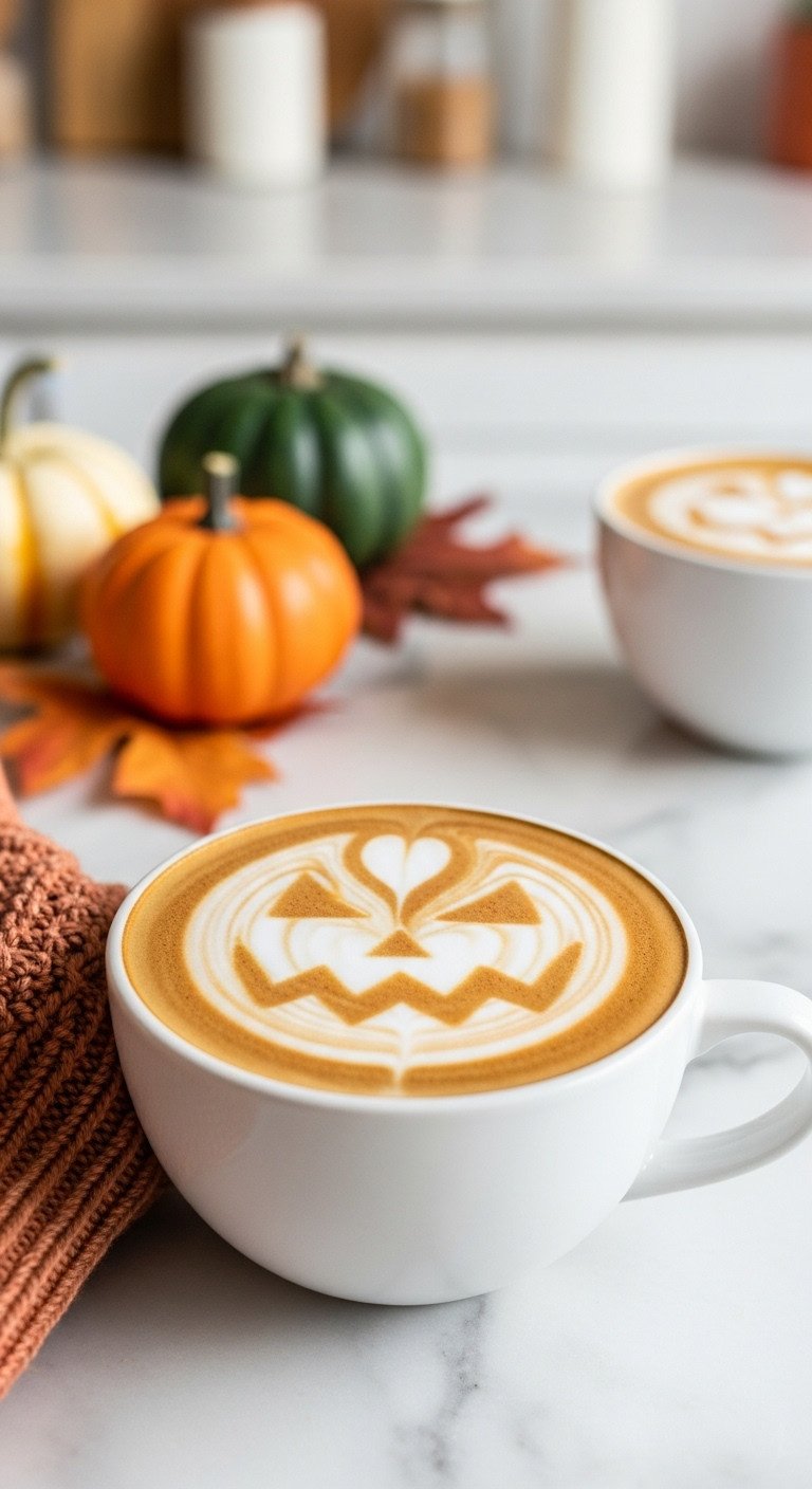 Pumpkin Halloween latte art with jack-o-lantern face in white mug on marble countertop with autumn decor