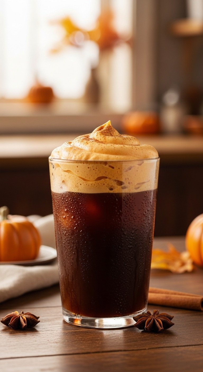 'Pumpkin Pie' Cold Brew: dark coffee, pumpkin cold foam, cinnamon, nutmeg. Clear glass, rustic table, autumn kitchen. Fall custom.