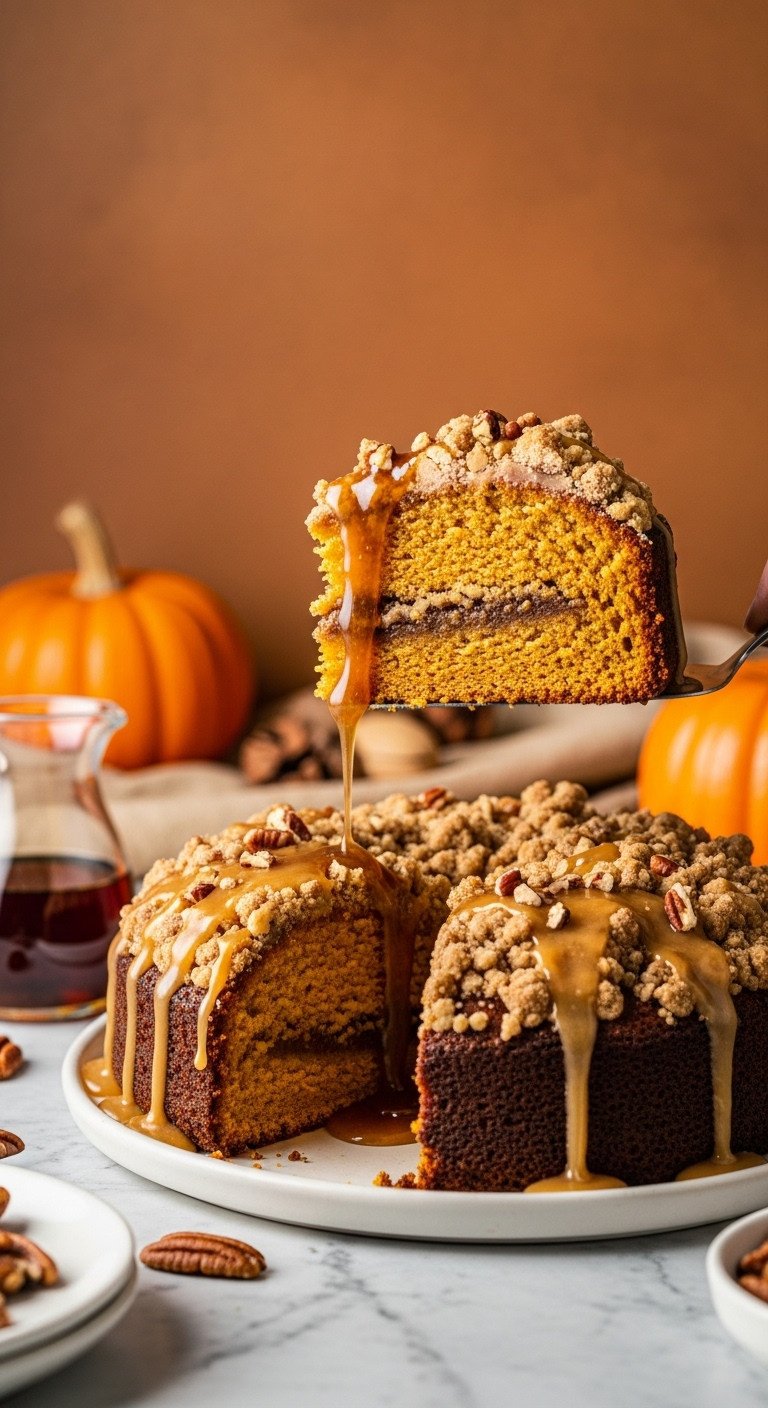 Pumpkin Spice Coffee Cake slice with gooey maple glaze and streusel being lifted from pan