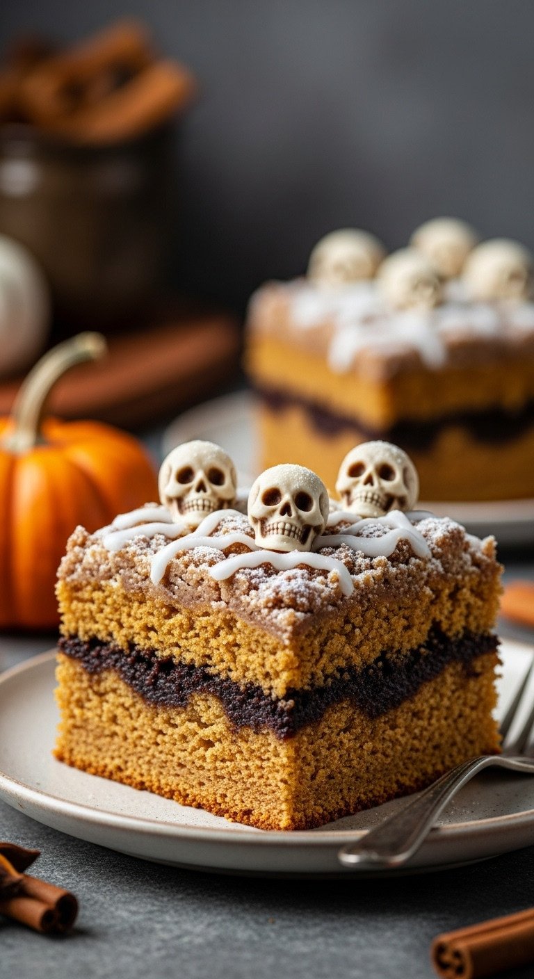 Pumpkin Spice Coffee Cake slice with streusel skeleton graveyard and powdered sugar glaze on a stone surface