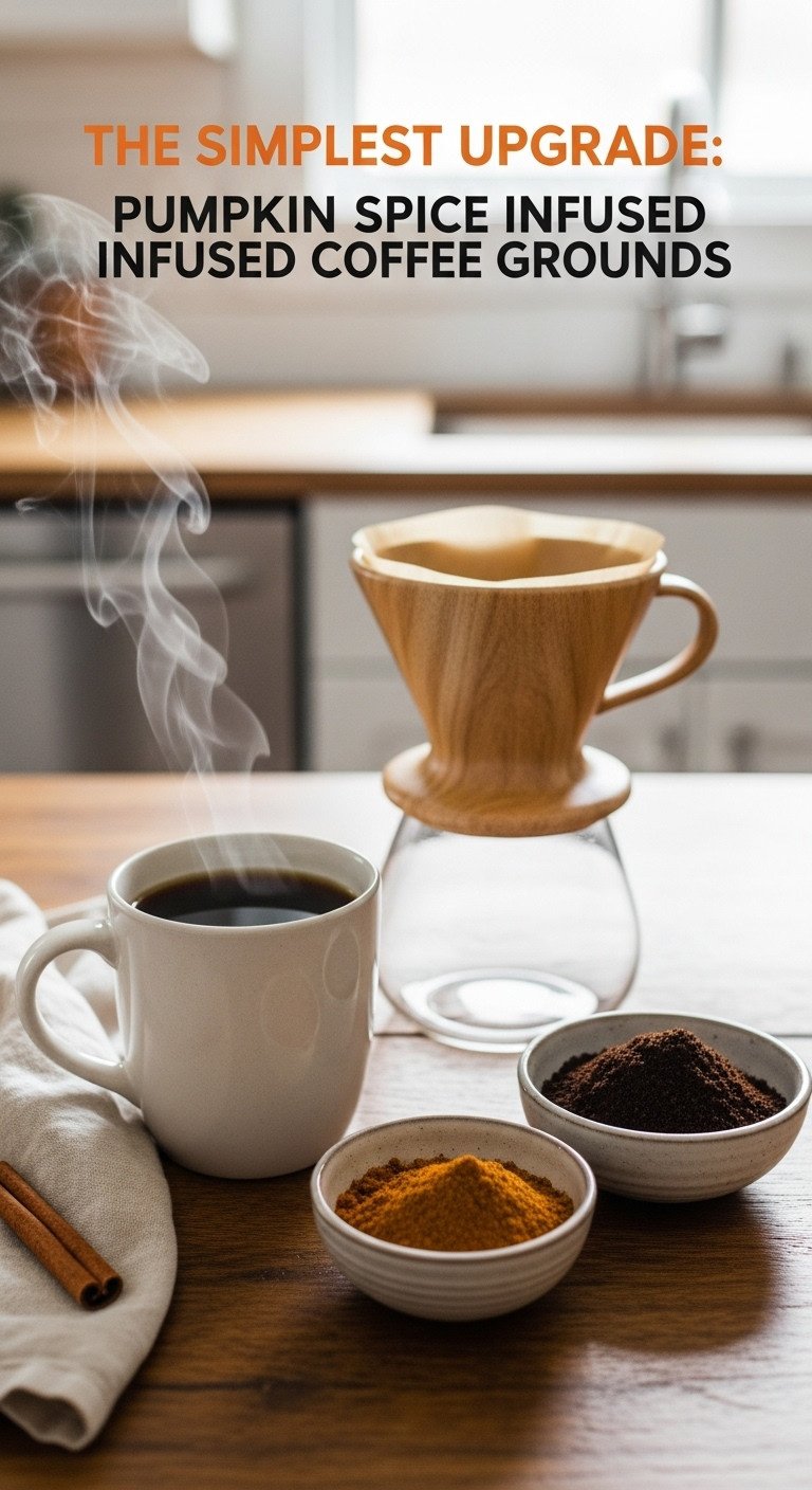 9 Delicious Pumpkin Coffee Ideas Beyond Basic Lattes 1 Pumpkin Spice Infused Coffee Grounds with pour over coffee steaming mug pumpkin pie spice blend coffee grounds and cinnamon stick on wooden table