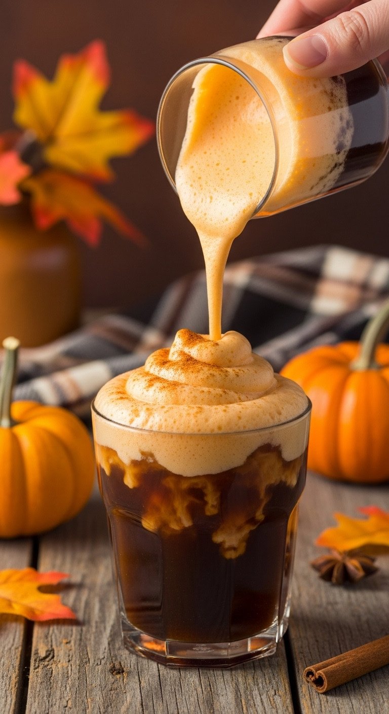Easy Starbucks Cold Coffee Recipes That Are Never Watery 13 Pumpkin cream cold foam cold brew with spice, on weathered wood with fall leaves, a plaid blanket, and a decorative pumpkin. Autumnal recipe.