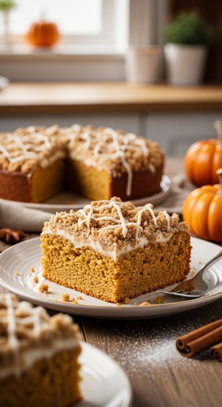 Pumpkin crumb coffee cake slice with streusel and vanilla icing on a rustic wooden table with Halloween decor