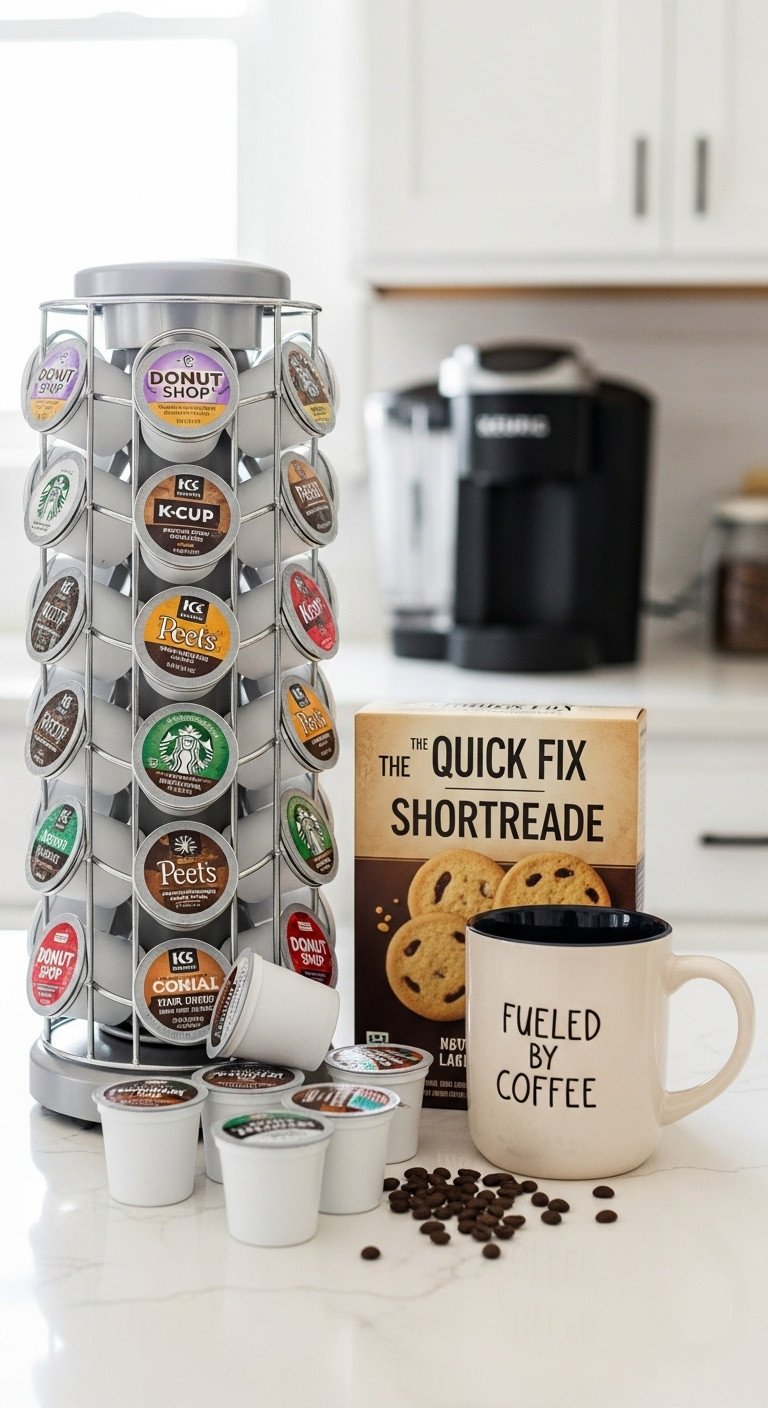 Quick Fix K-Cup King coffee gift basket for men with K-Cup pods mug and shortbread cookies on a kitchen countertop