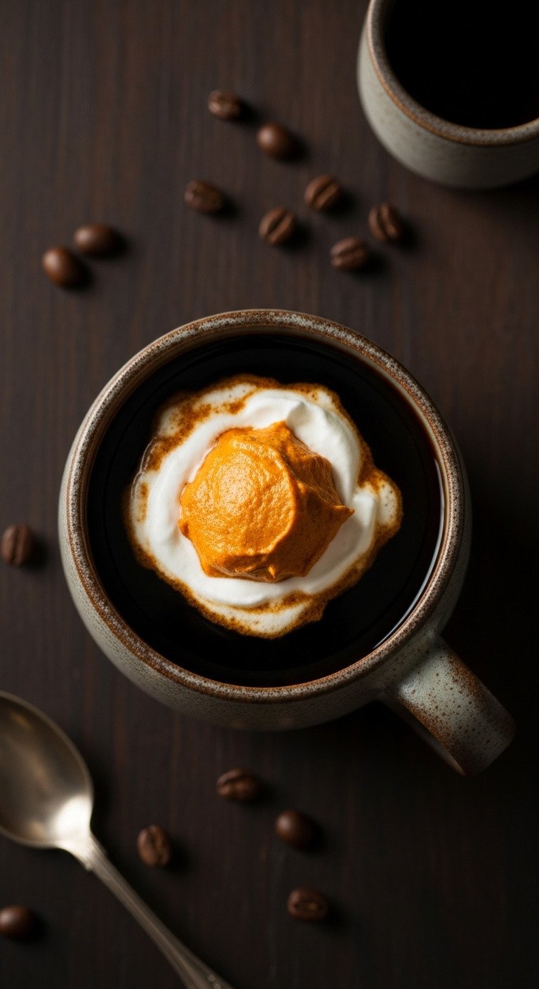 7 Cozy Hot Pumpkin Coffee Recipes Better Than Starbucks 7 Quick Pumpkin Spice Coffee with Spiced Cream in a rustic mug with whipped cream coffee beans and vintage spoon on a dark wooden surface