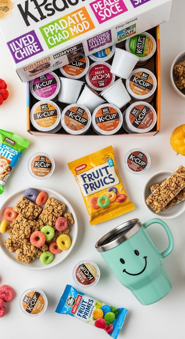 Quick and convenient K-Cup gift basket with colorful coffee pods granola bars fruit snacks and travel mug