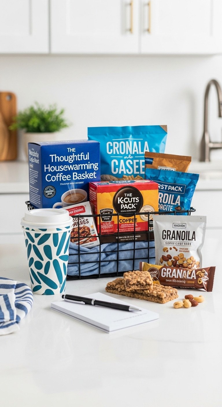Quick and convenient coffee housewarming gift basket with K-Cups to-go cups and snacks on a white countertop