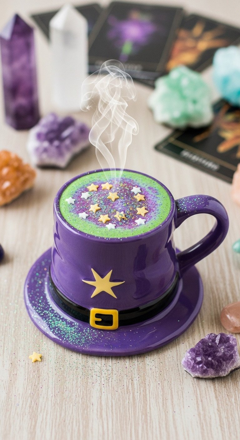 Quirky witch-hat ceramic mug with purple latte edible glitter and star sprinkles on light wood with blurred crystals and tarot cards
