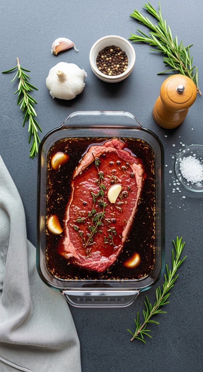 11 Brilliant Recipes For Leftover Coffee You Havent Tried 10 Raw steak marinating in dark coffee liquid with herbs and garlic in a glass dish on a granite counter.