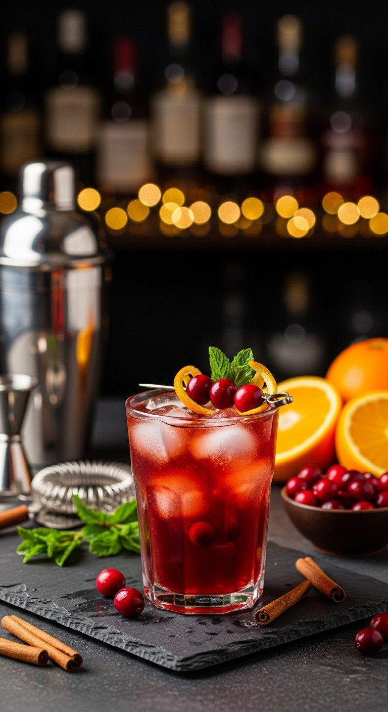 Refreshing Cranberry Orange Coffee Cocktail with cranberries and orange twist on dark slate in a festive bar setting