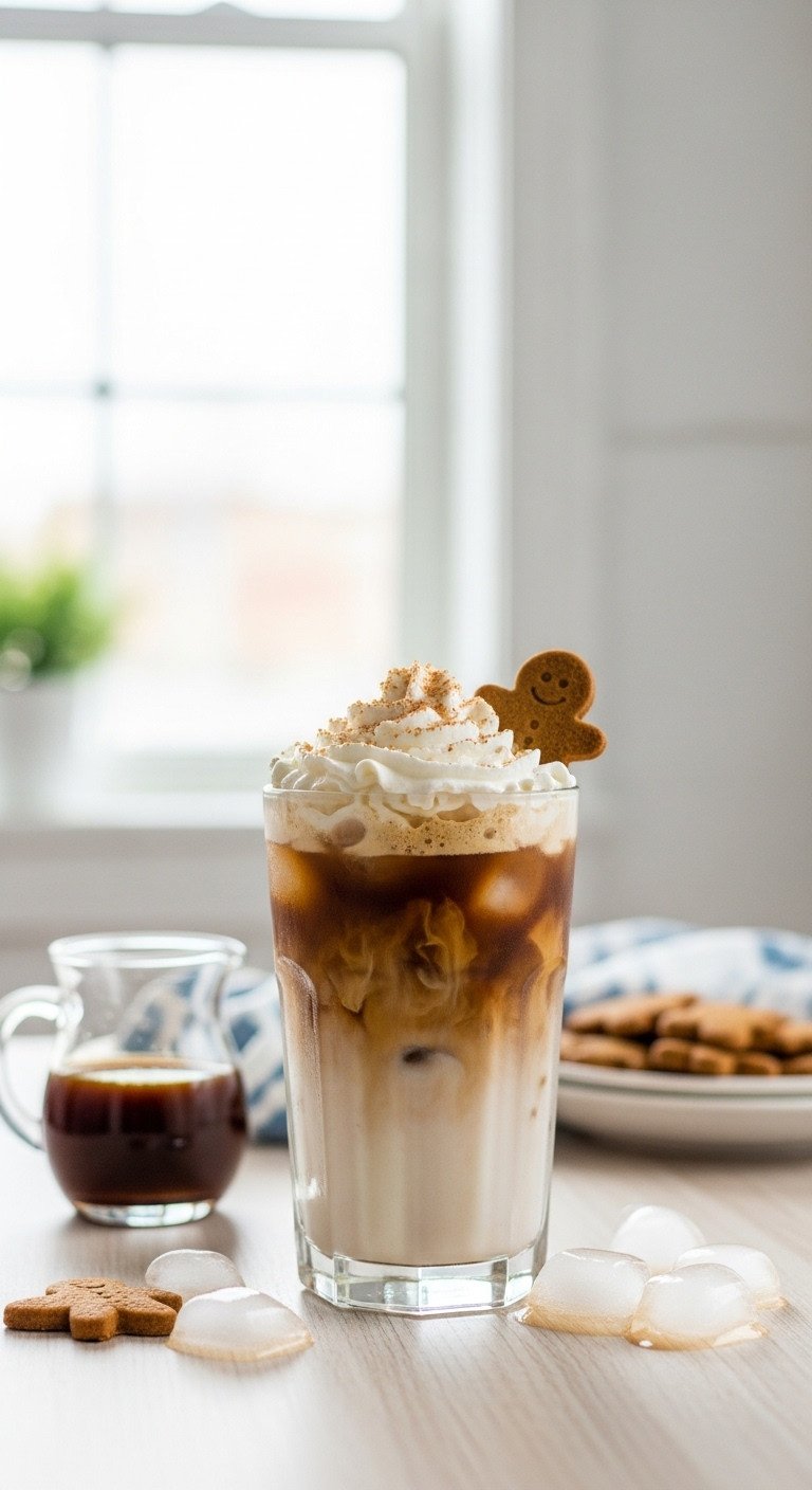 Refreshing Iced Gingerbread Latte with whipped cream and gingerbread cookie in a clear glass on light wood by a sunlit window