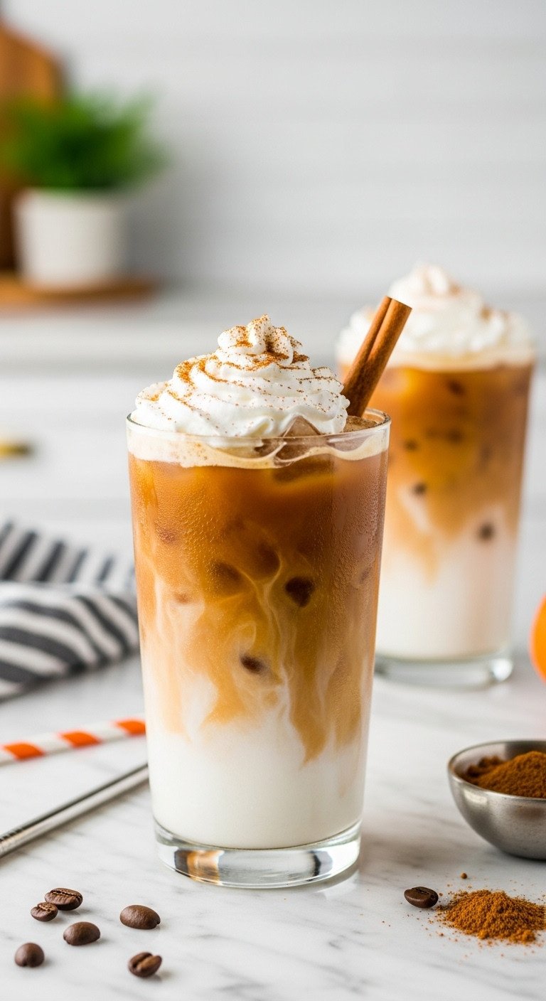 5 Best Homemade Pumpkin Spice Coffee Recipes to Try Now 3 Refreshing Iced Pumpkin Spice Latte in a tall clear glass with whipped cream cinnamon pumpkin pie spice coffee beans on marble countertop