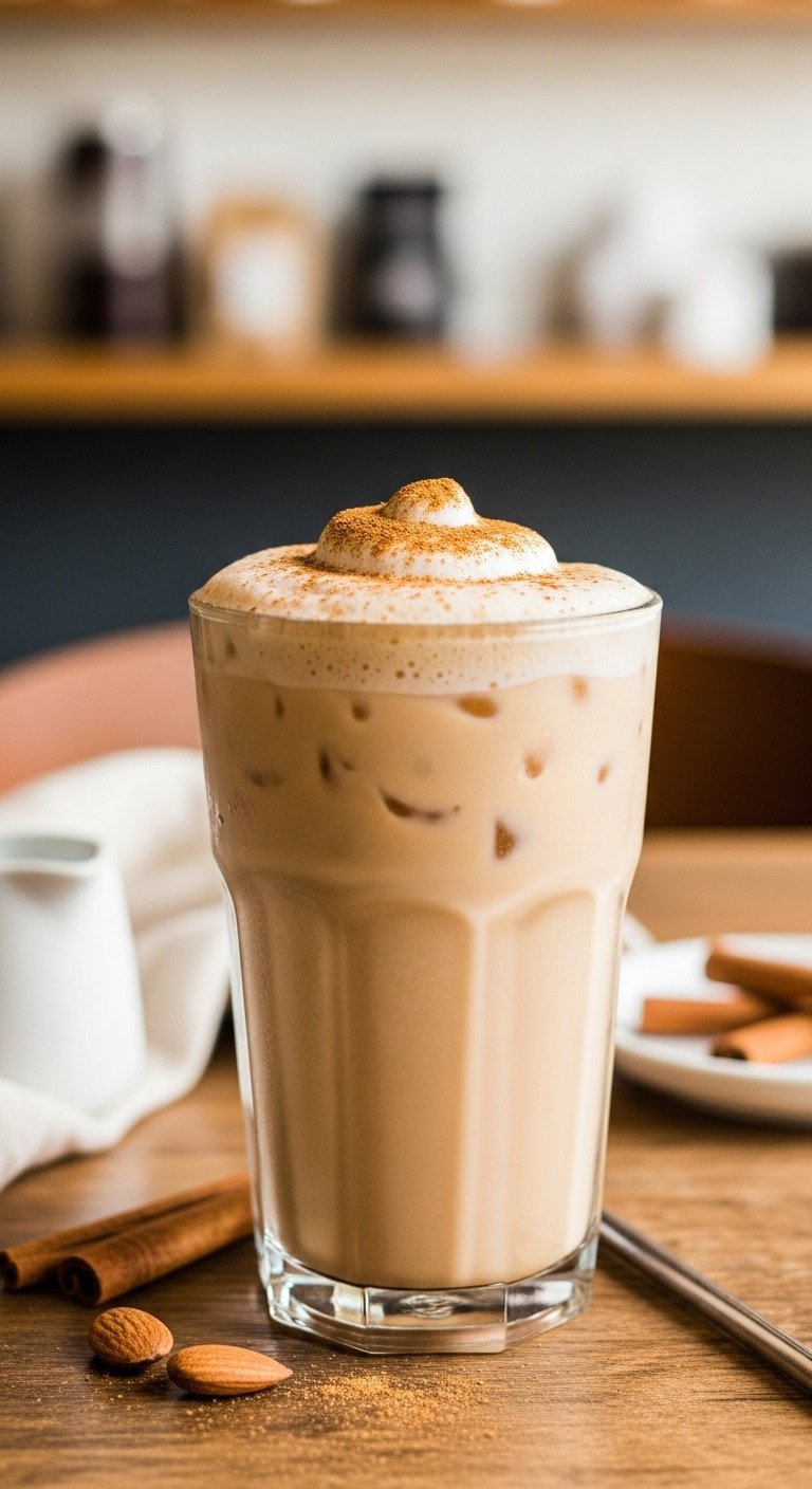 Refreshing Iced Pumpkin Spice Latte with almond milk foam & pumpkin spice on a rustic table. Low calorie Starbucks fall coffee.