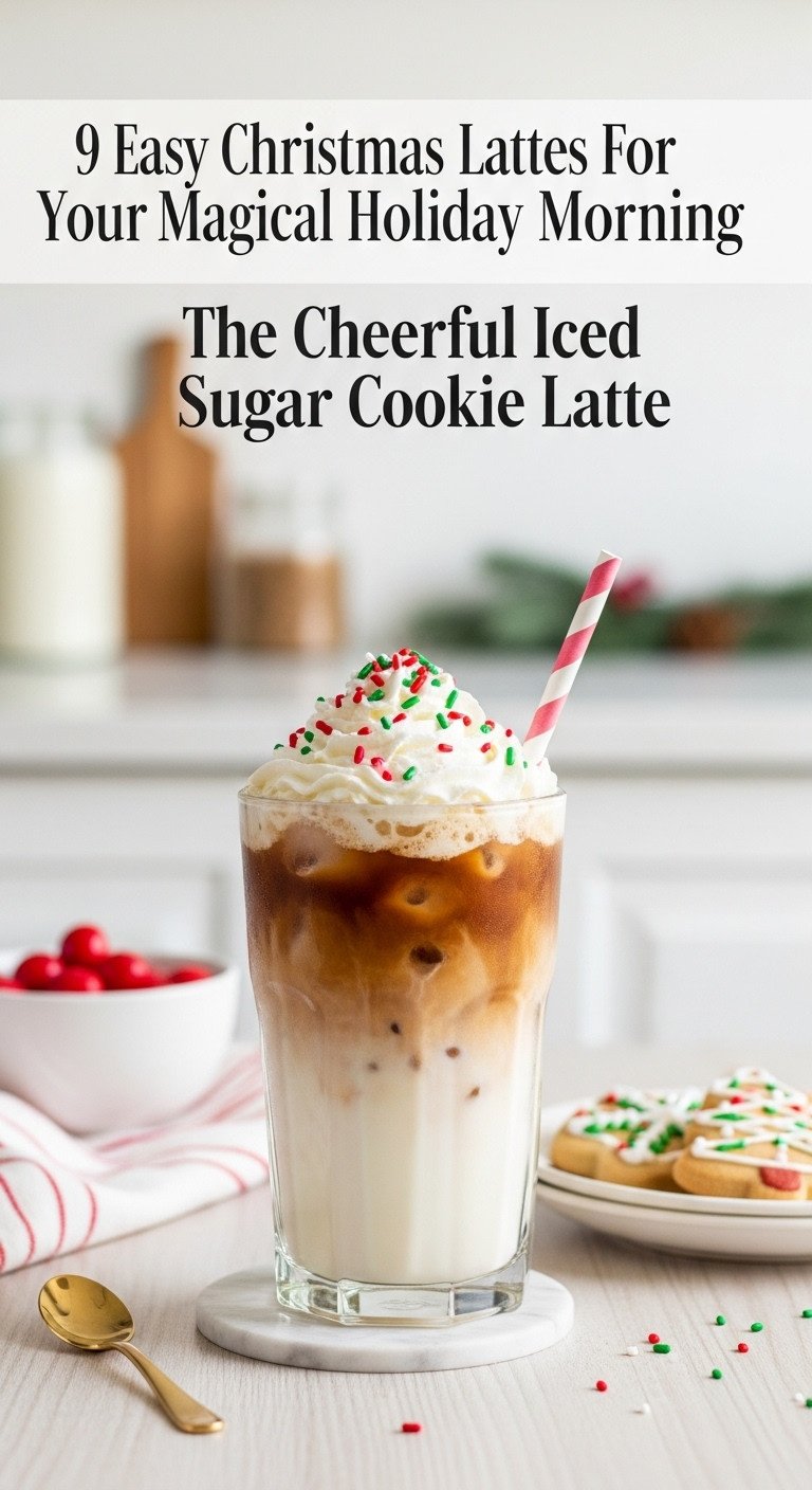Refreshing Iced Sugar Cookie Latte with sprinkles and whipped cream in a tall glass on a light wooden surface with holiday decor