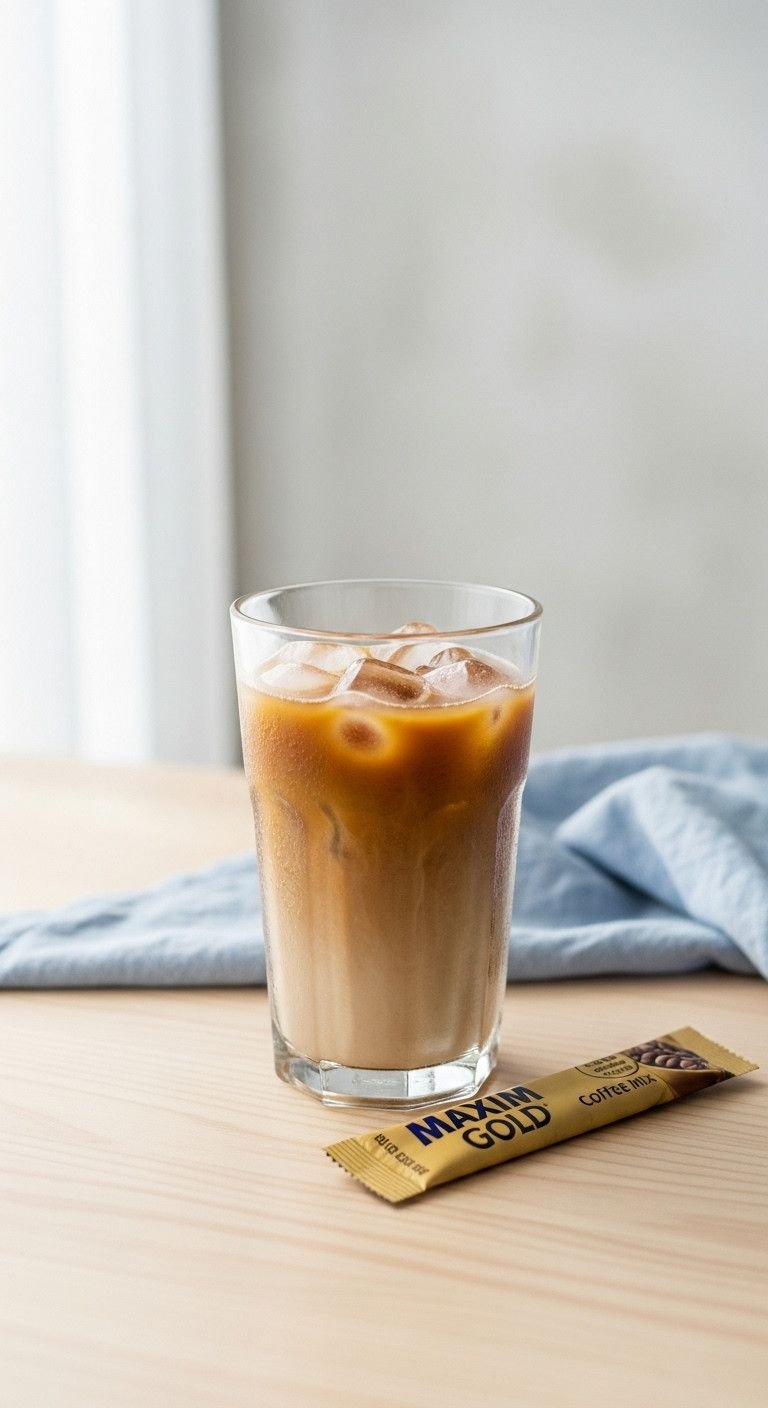 3 Easy Korean Cold Coffee Recipes To Make At Home 3 Refreshing Korean Naeng-Keopi iced coffee in tall glass with ice, condensation. Maxim Gold coffee mix on light wooden table.