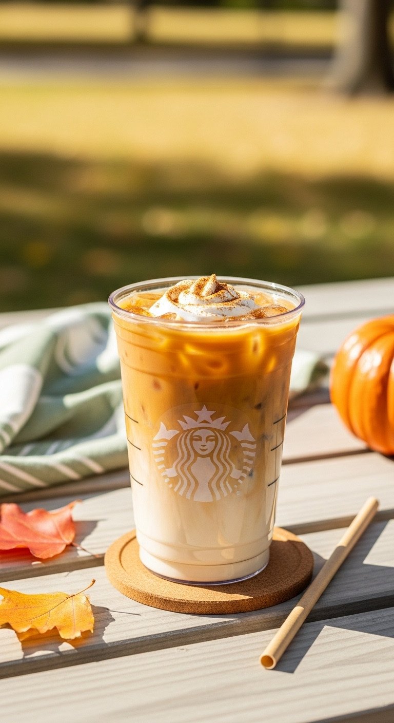 Refreshing Pumpkin Iced Coffee in clear Starbucks cup with almond milk, spice, ice, on picnic table. Low calorie fall drink.