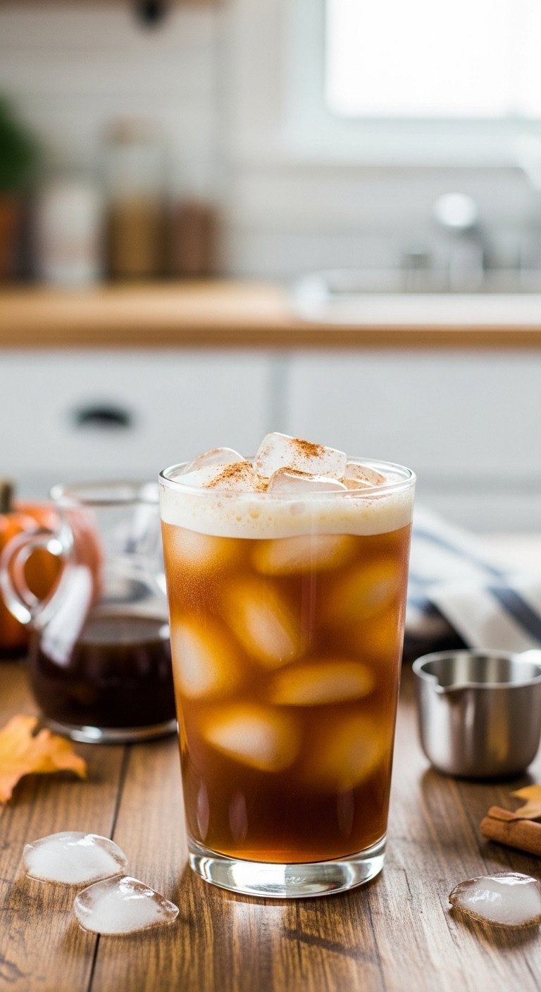 Refreshing Trader Joe's Pumpkin Spice Cold Brew over ice with frothy milk, cinnamon sprinkle, autumn leaves on rustic wood. Ideal fall iced coffee drink.