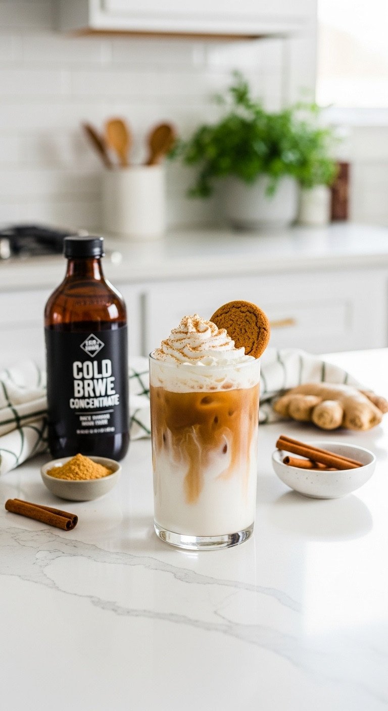 Refreshing gingerbread spice cold brew latte with whipped cream and gingersnap cookie on a white quartz countertop