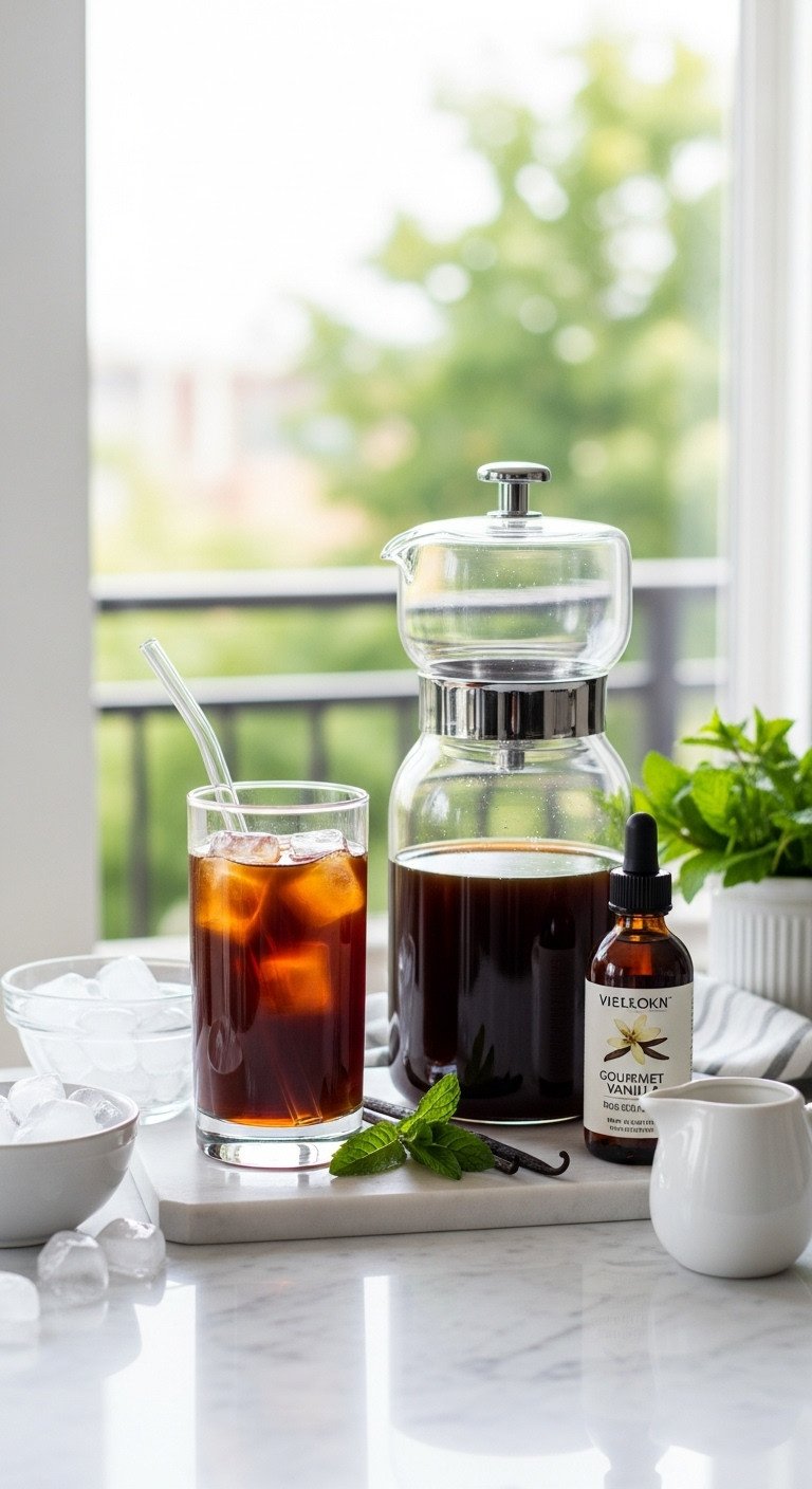 Refreshing iced coffee aficionado gift basket with cold brew maker tumbler and vanilla syrup on a marble countertop