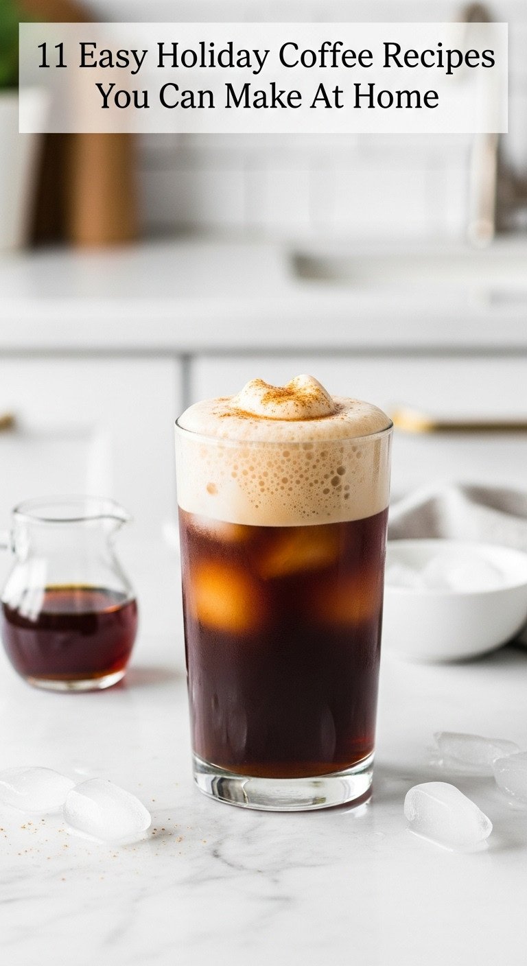 Refreshing iced coffee with maple cold foam in a tall glass on a white marble countertop