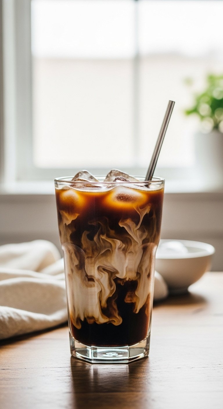 The Foolproof Cold Brew Coffee Recipe For Perfect Results 3 Refreshing iced cold brew latte with oat milk swirling in a tall glass with ice and a metal straw on a rustic wooden table.