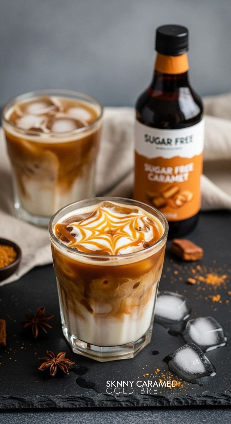 7 Low Calorie Iced Coffee Recipes That Taste Amazing 5 Refreshing skinny caramel cold brew with sugar-free drizzle, milk swirl, on dark slate. Caramel syrup, ice cubes. Perfect recipe.