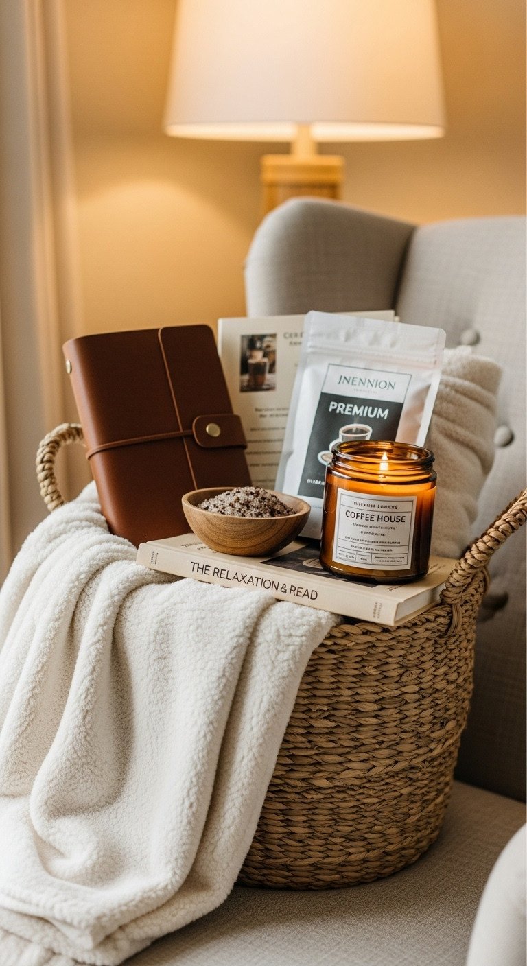 Relaxation and Read Basket with plush blanket book journal coffee candle and bath salts in a seagrass basket on a cozy armchair