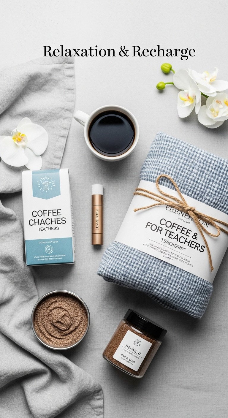 Relaxation and recharge coffee gift basket for teachers with coffee blend throw blanket and coffee scrub on a linen tablecloth