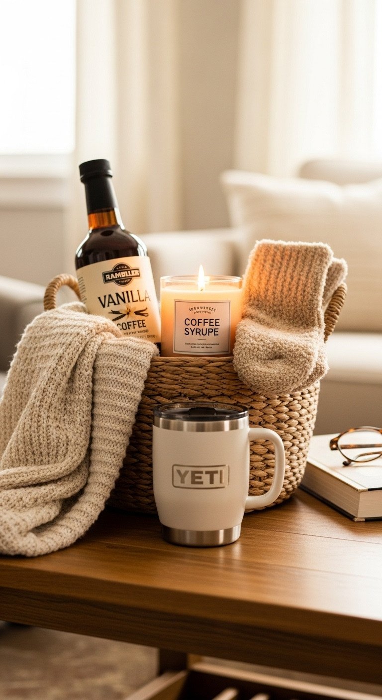 Relaxing coffee ritual Yeti gift basket with Rambler mug vanilla syrup candle fuzzy socks and blanket