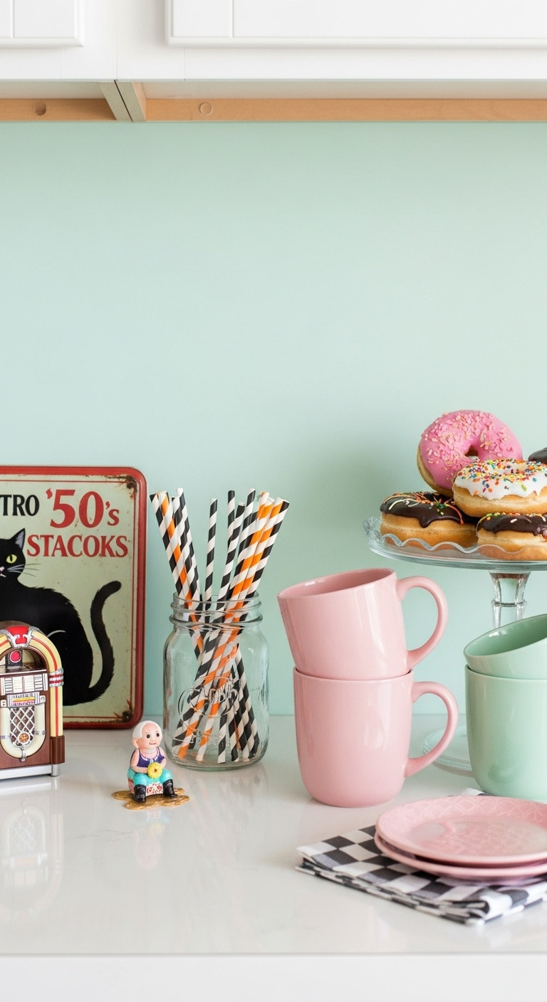 Retro 50s Spook-tacular Nook vintage Halloween coffee bar with black cat tin sign striped straws pastel mugs and Halloween donuts