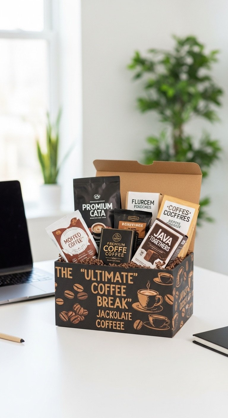 Reusable coffee themed gift box filled with premium coffees sweet treats and java go togethers on an office desk