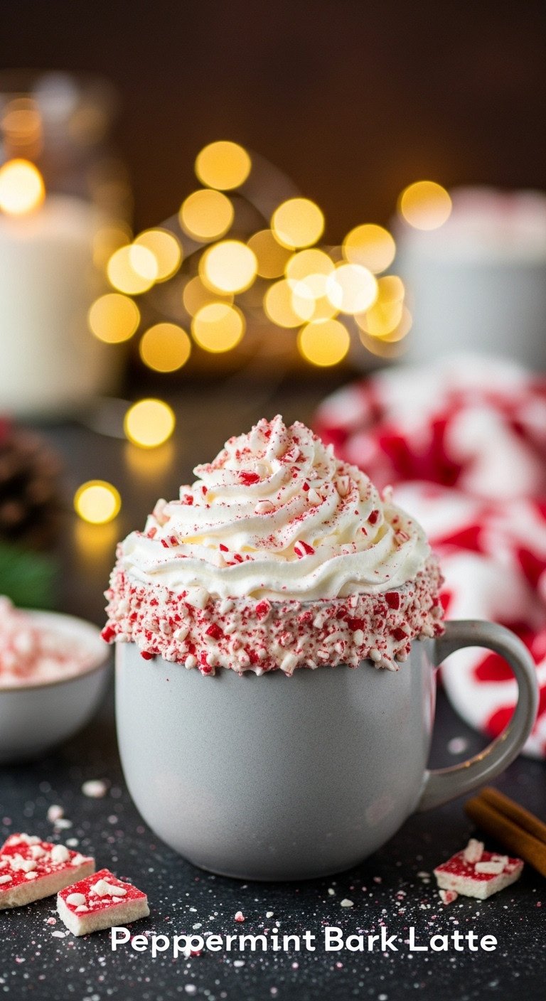 Rich Peppermint Bark Latte with whipped cream and chocolate shavings in a wide mug on a dark surface with fairy lights