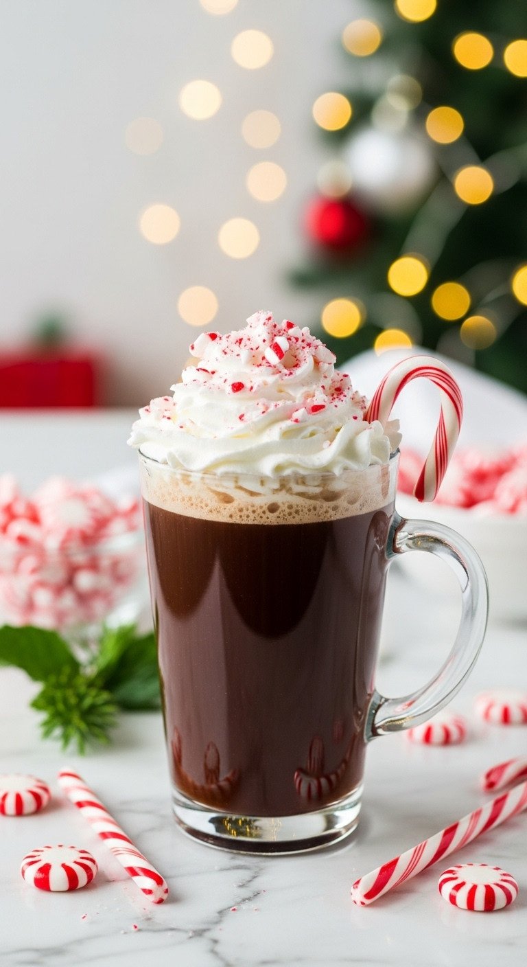 Rich Peppermint Mocha in a tall glass mug with whipped cream and crushed candy canes on a marble countertop with twinkling Christmas lights
