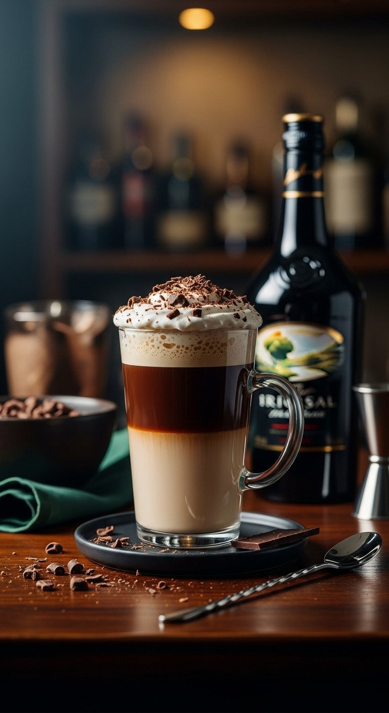 Rich boozy Irish Mocha in a tall glass mug with chocolate shavings on a dark wood bar top in a cozy home bar setting