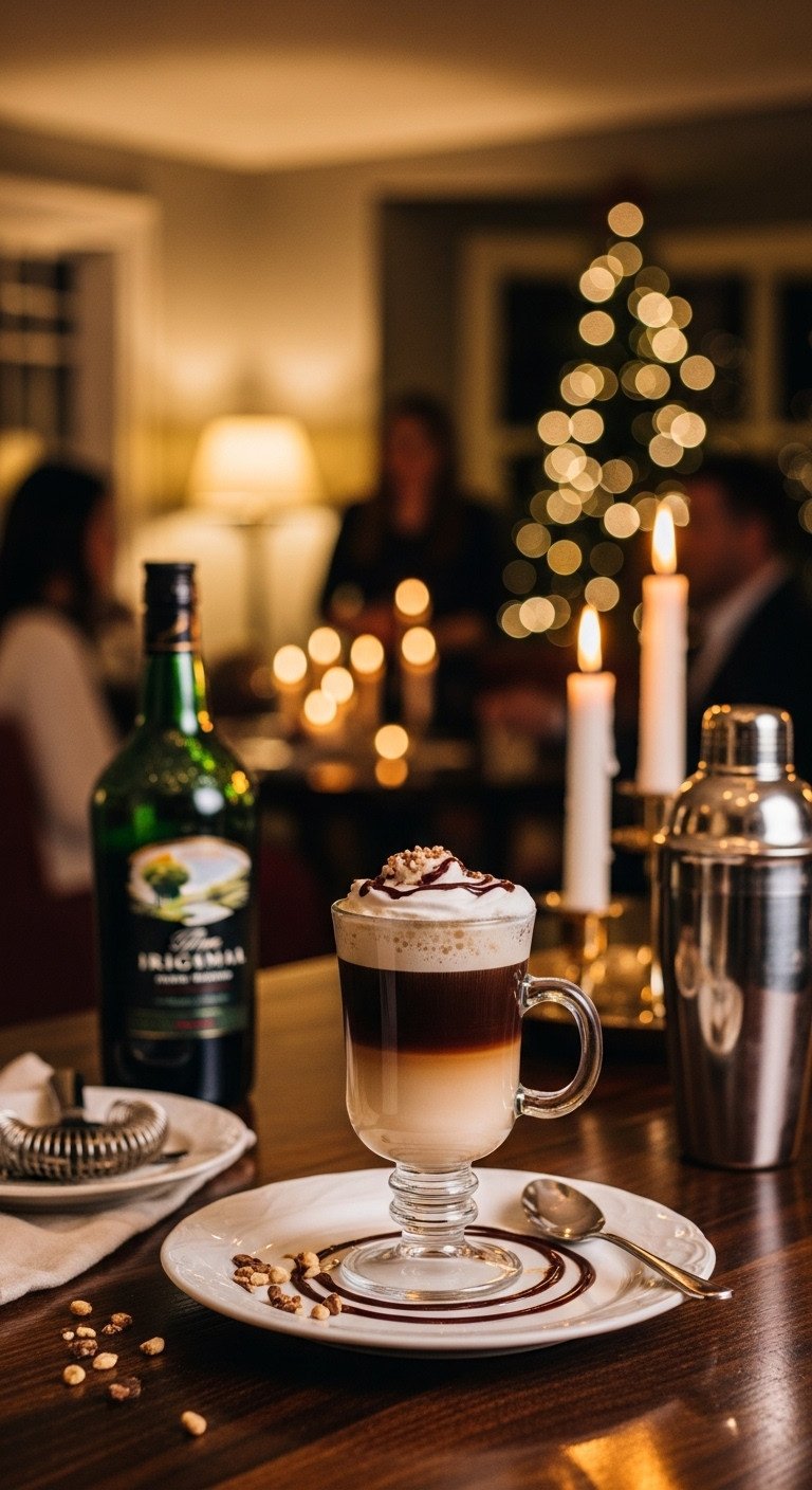 Rich boozy Irish mocha in a traditional glass with whipped cream and chocolate drizzle on a dark bar