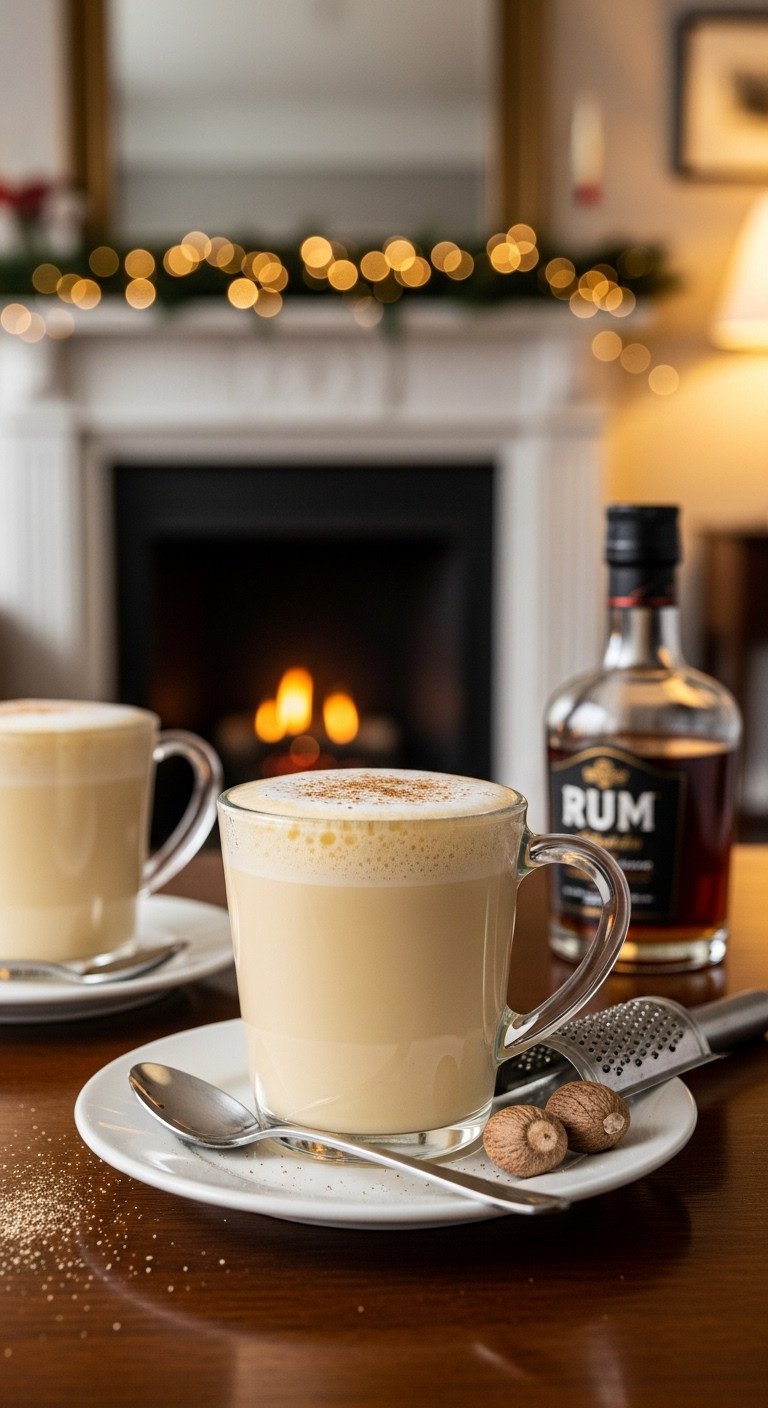 Rich boozy eggnog latte in a clear glass mug with foam and nutmeg on a dark wood table