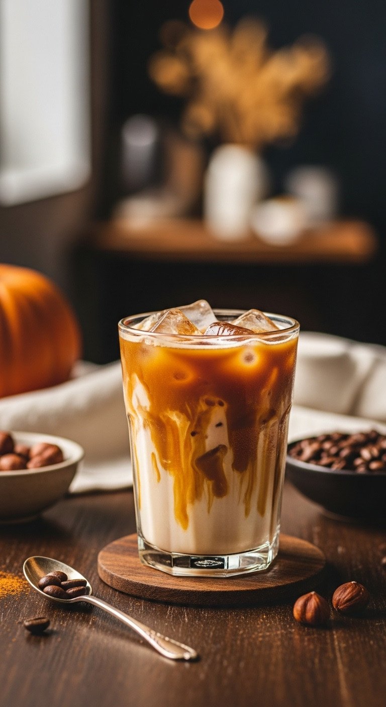 Master Your Dunkin Pumpkin Iced Coffee Custom Orders 7 Rich caramel-brown Dunkin' Pumpkin Iced Coffee with hazelnut swirls, ice, whole hazelnuts, on dark wood, cozy cafe.