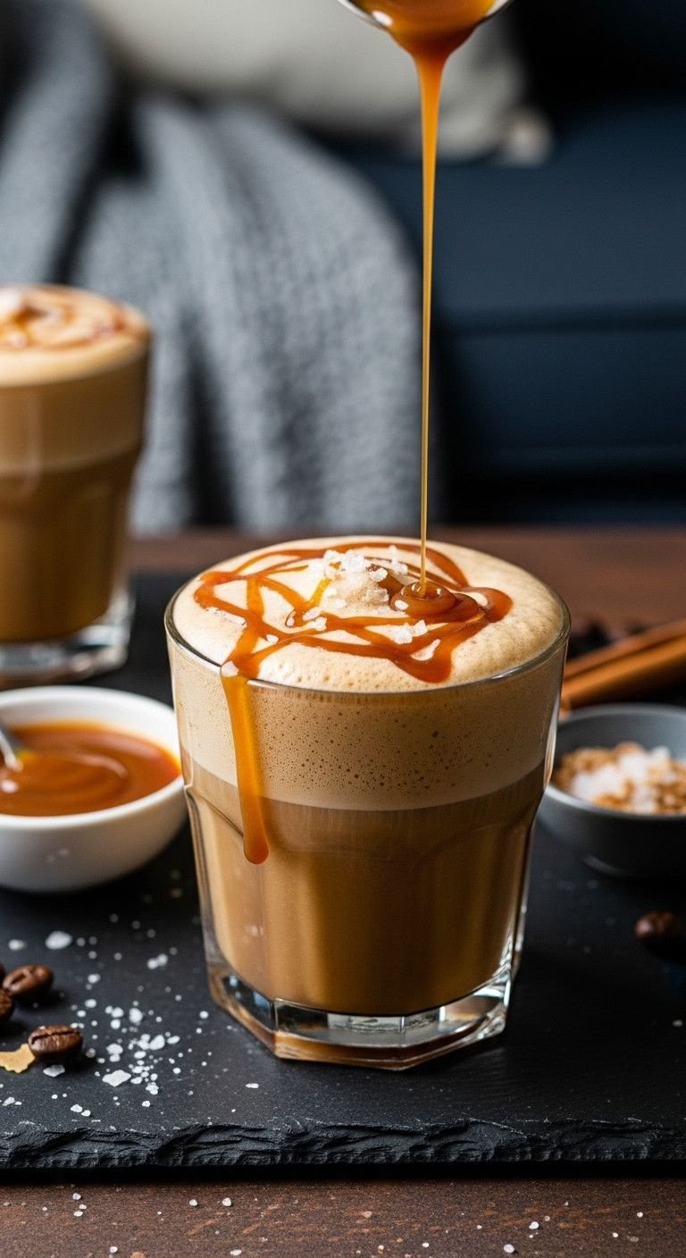 7 Easy Cold Foam Recipes With Or Without A Frother 5 Rich cold brew coffee with salted caramel cold foam, caramel drizzle, sea salt flakes on slate, cozy living room recipe.
