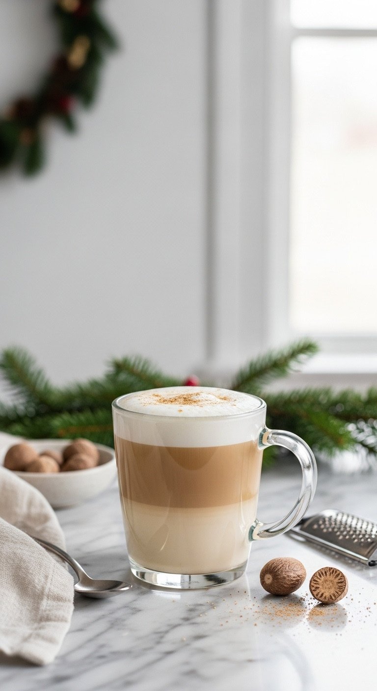 Rich creamy eggnog latte in a clear glass mug with foam and nutmeg on a marble countertop with a simple green garland