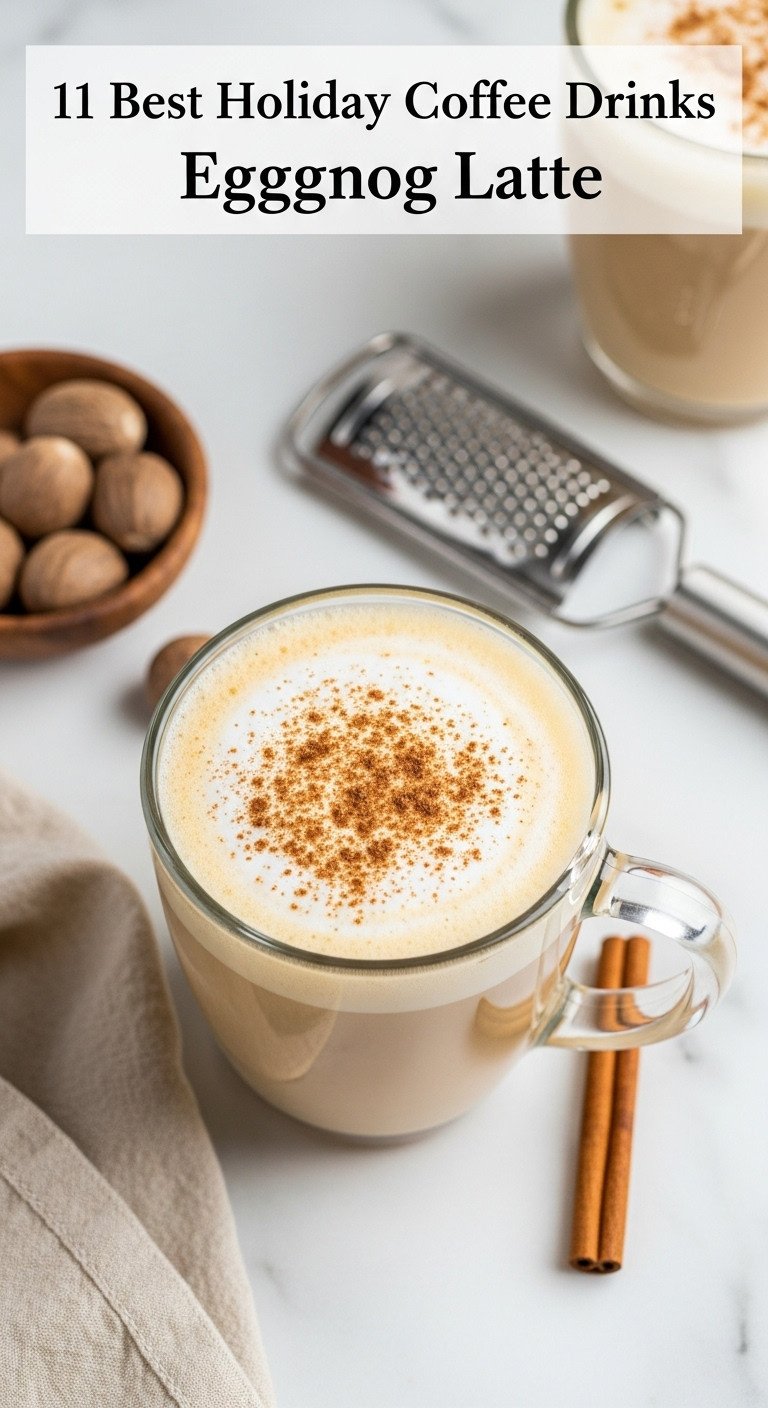 Rich creamy eggnog latte in a vintage glass mug with foam and grated nutmeg on a white marble countertop