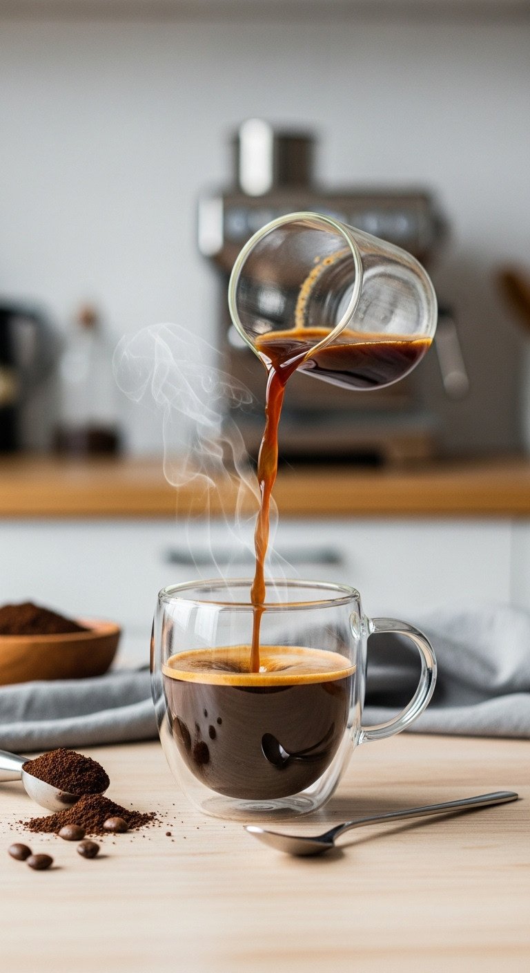 Easy Creamy Keto Pumpkin Spice Latte Better Than Starbucks 3 Rich, dark coffee pouring into an elegant glass mug on a light wooden table, with ground coffee beans, coffee machine blurred.