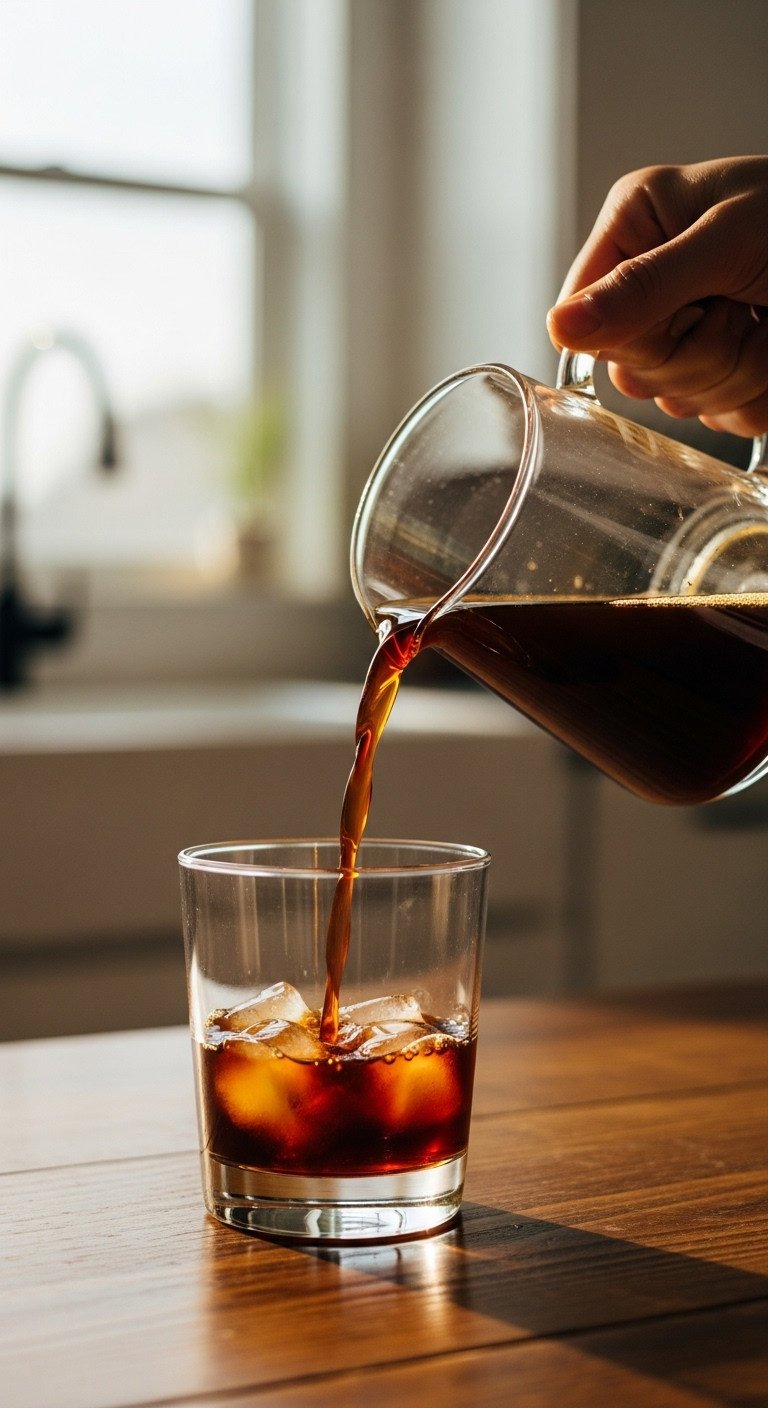 The Easiest Homemade Iced Mocha Recipe For Perfect Results 5 Rich dark cold brew coffee pours from pitcher into iced glass on rustic wood. Deep color, condensation, warm golden light.