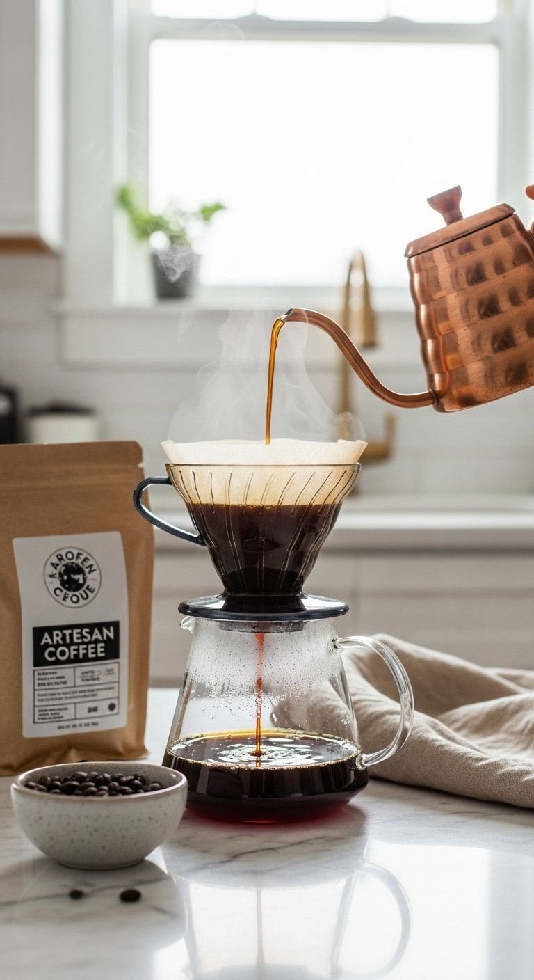 Rich, dark pour-over coffee brewing into a glass carafe, steam rising. Artisan beans, copper kettle on marble.