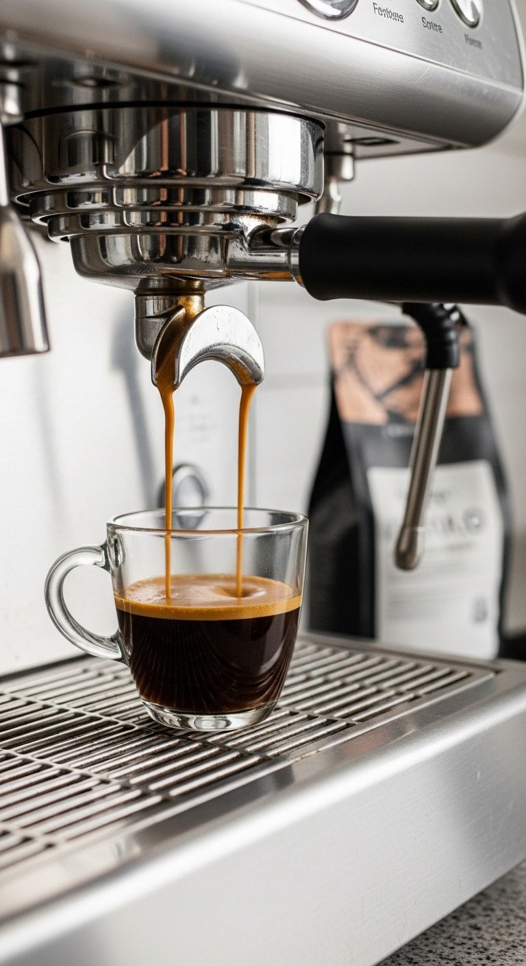 Rich espresso shot with golden crema flowing into a glass cup from a portafilter. Modern home coffee bar.