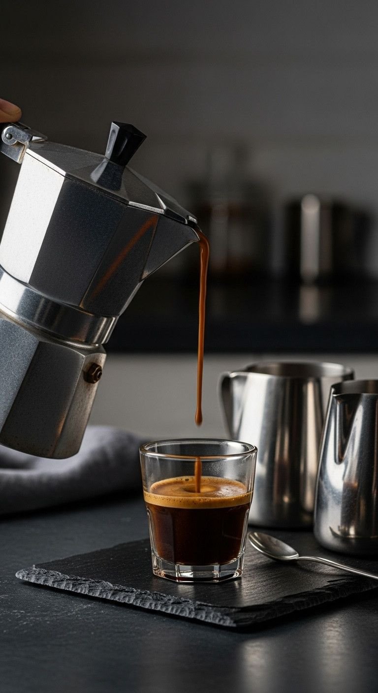 Rich espresso with perfect crema pulled from stovetop moka pot into glass cup. Frothing pitcher on slate.