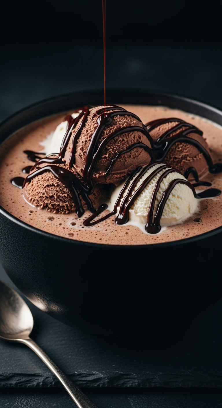 Rich mocha coffee punch with chocolate and vanilla ice cream and chocolate syrup in a dark bowl on a slate surface