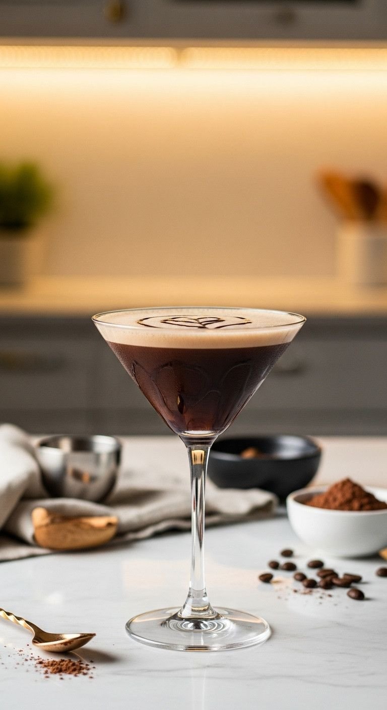 The Perfect Cold Brew Martini Without An Espresso Machine 3 Rich mocha cold brew martini, dark brown with chocolate drizzle & foam, in a martini glass on white marble. Coffee cocktail.